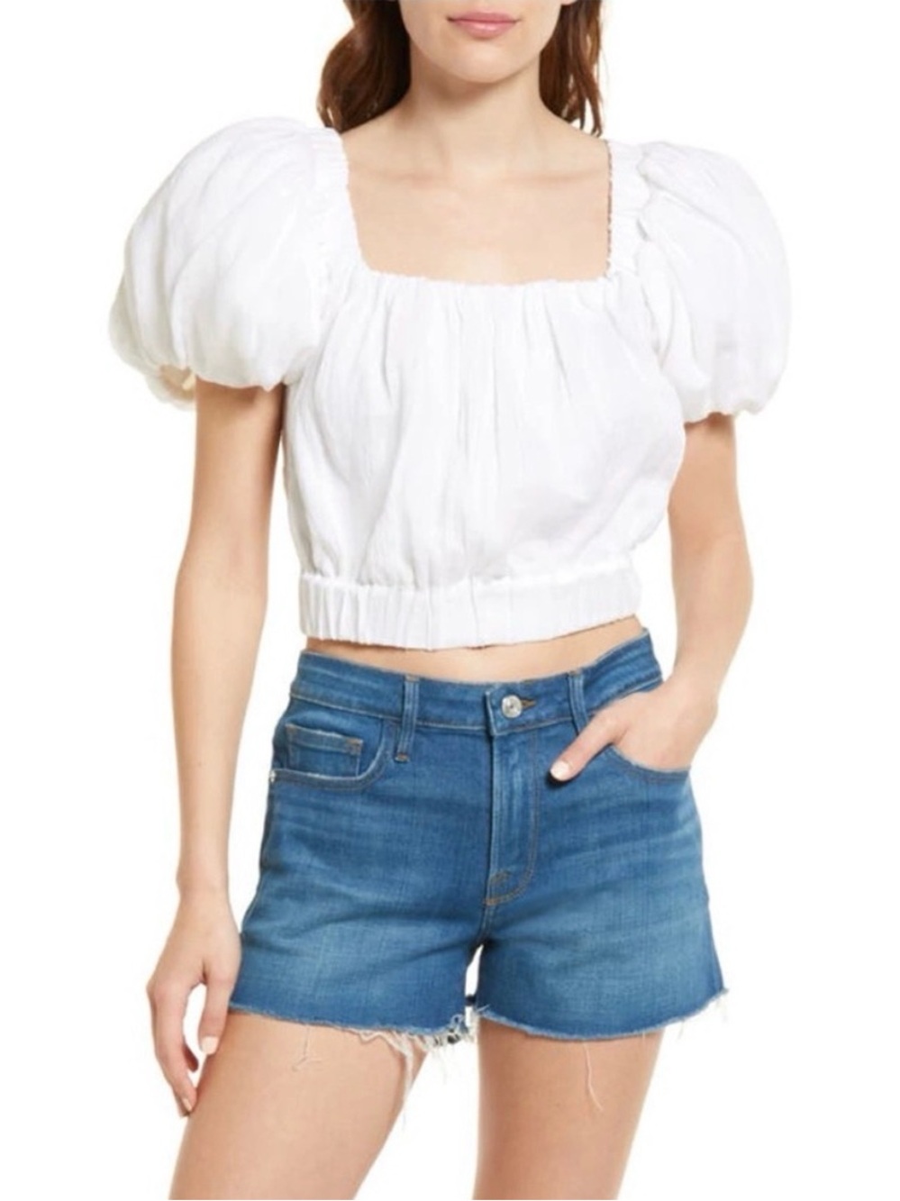 NWOT💕FRAME Ruched Crop Puff Sleeve Blouse In Blanc Size S